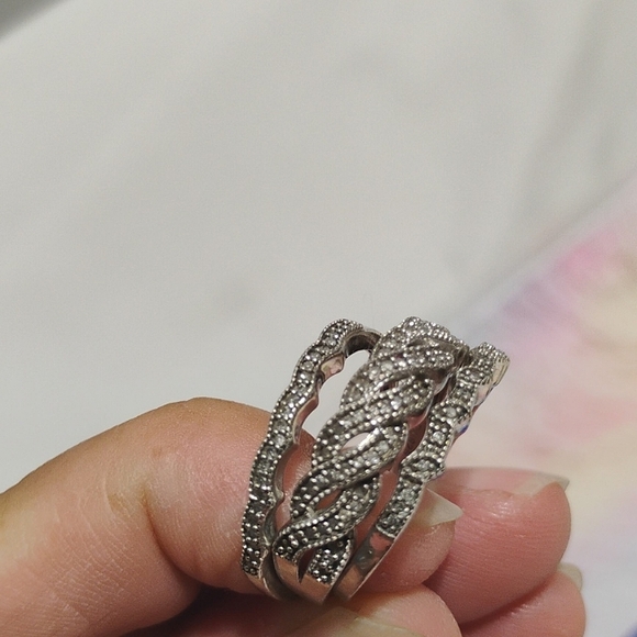 SALE! Stunning 3 Ring Trio Solid 925 Sterling Silver Genuine Diamonds Set - Picture 4 of 15